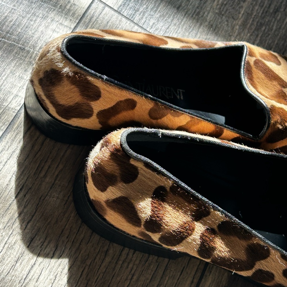 Yves Saint Laurent Leopard Print Loafers Brown Black Designer Slip On Shoes - Picture 6 of 8